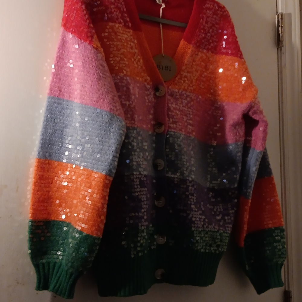 BiBi Rainbow Striped Sequin Cardigan Sweater Size M Medium Womens Ladies